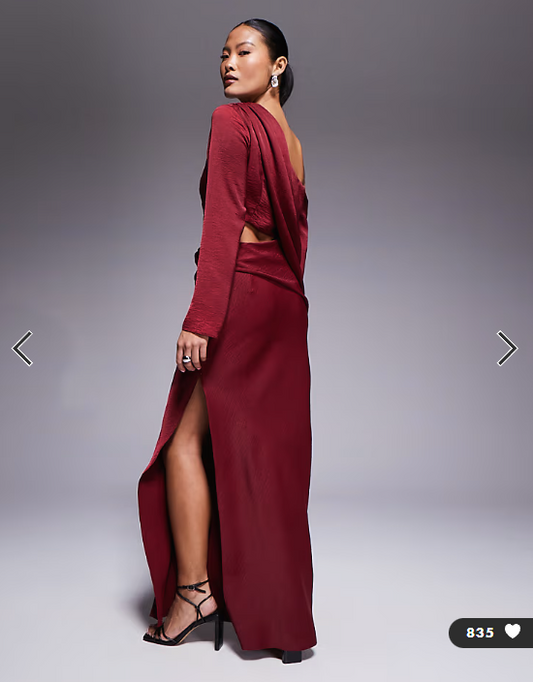 ASOS DESIGN Petite fallen shoulder maxi dress with cutout waist in burgundy