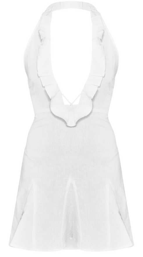 White Linen Frill Neck Cross Front Mini Dress