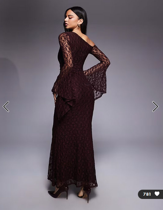Asos - lace off shoulder maxi dress with exaggerated cuff detail in plum