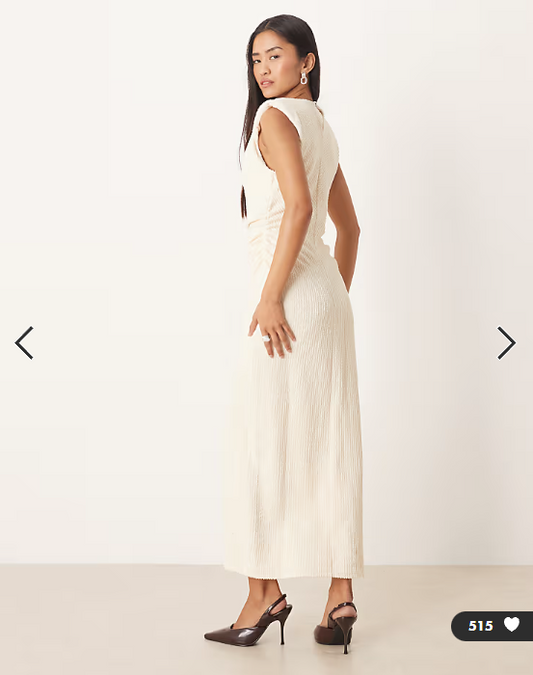 ASOS DESIGN boucle sleeveless shoulder pad ruched midi dress in neutral