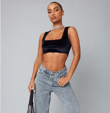 NAVY VELVET SQUARE NECK SLEEVELESS CROP