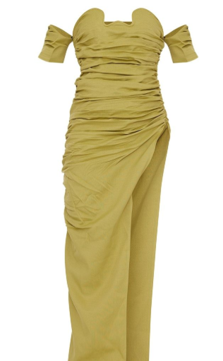 Olive Textured Bardot Underwired Ruched Maxi Dress