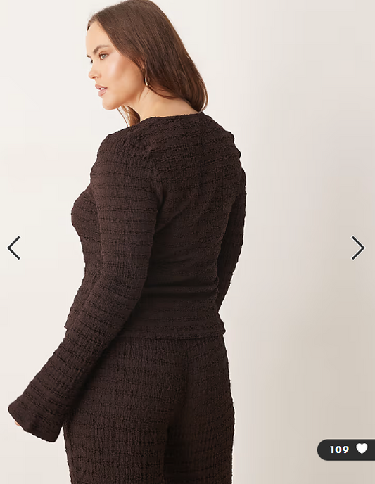 ASOS DESIGN Curve co-ord textured square neck flare sleeve top in chocolate
