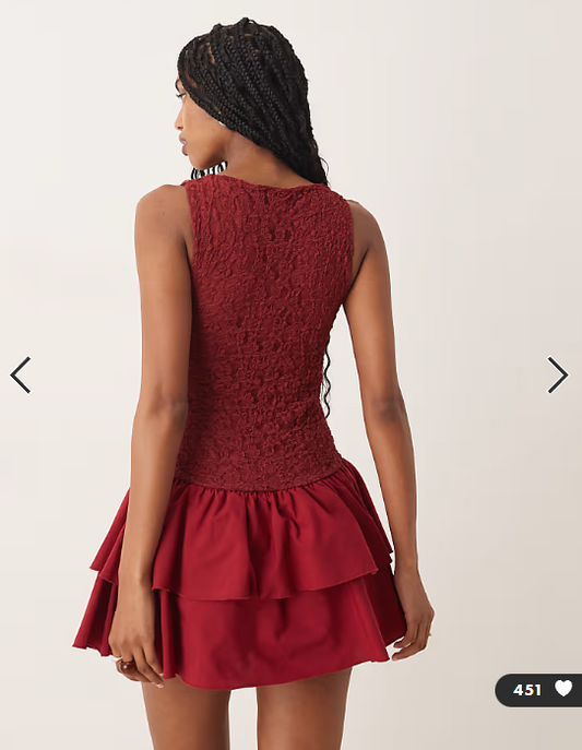 ASOS DESIGN lace bodice mini dress with poplin skirt in burgundy