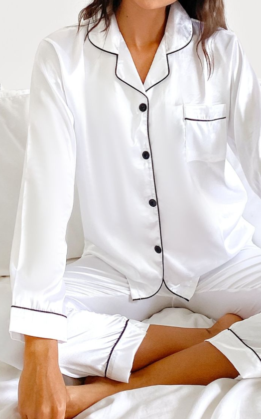 White Contrast Piping Long Pj Set