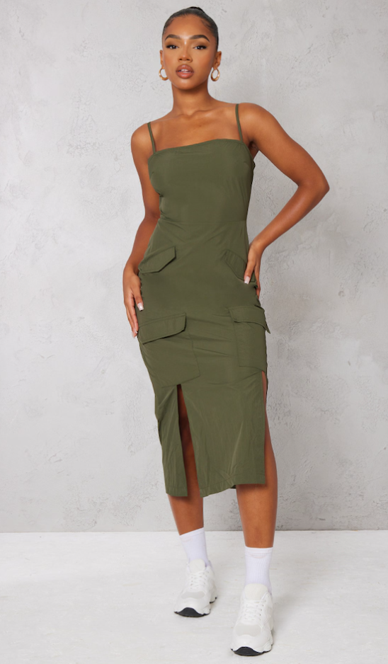 Khaki Parachute Cargo Pocket Detail Strappy Midaxi Dress