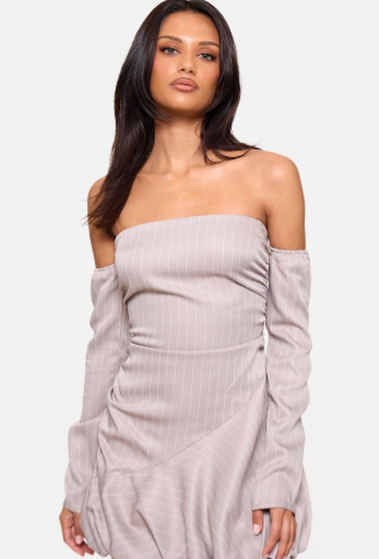 Stone Pinstripe Long Sleeve Ruched Puffball Dress