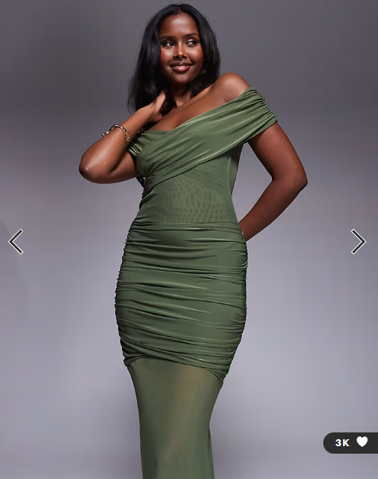Kaiia exclusive double layered slinky off shoulder sheer mesh hem maxi dress in olive