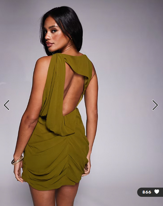 ASOS DESIGN extreme drape open back mini dress in olive green