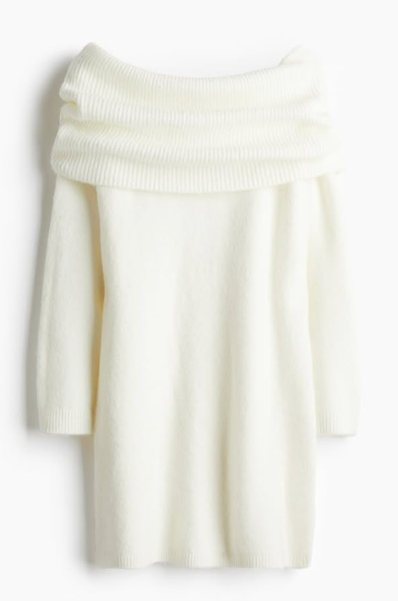 H&M - OFF-THE-SHOULDER KNIT DRESS - Cream