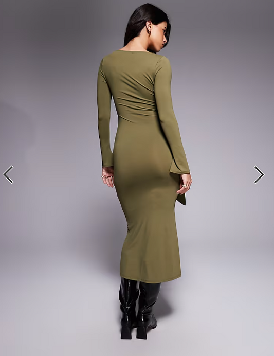 ASOS DESIGN long sleeve wrap waist detail midi dress in khaki