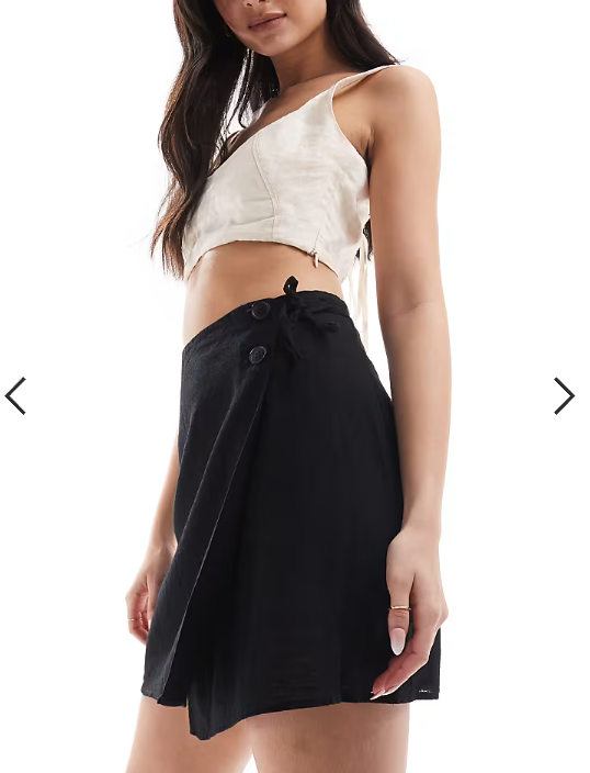 Monki linen wrap tie detail mini skirt in black