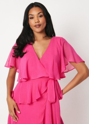 Wrap Detail Side Tie Chiffon Midi Dress