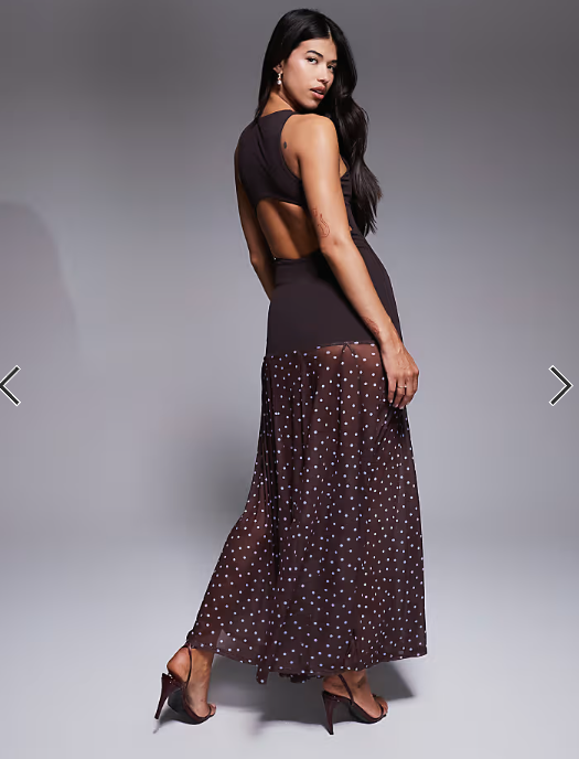 ASOS DESIGN crepe maxi dress with sheer skirt in polkadot in scuba-style fabric