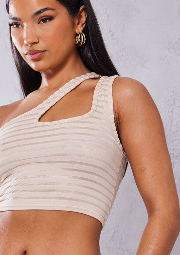 STONE TEXTURED STRIPE ONE SHOULDER CROP TOP