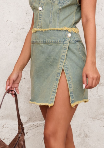 Petite Vintage Wash Sleeveless Wrap Over Denim Mini Dress