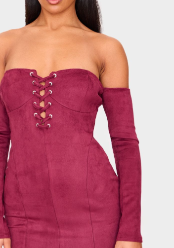 Burgundy Faux Suede Lace Up Detail Bardot Bodycon Dress