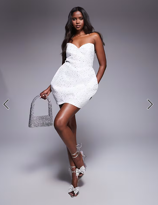 ASOS LUXE embellished denim bandeau mini dress in white