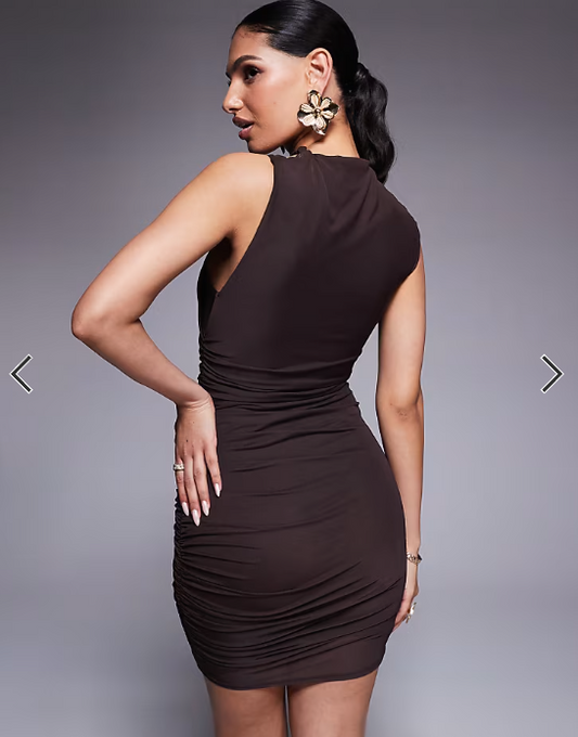 ASOS DESIGN mesh scooped away neckline mini dress with twisted strap in chocolate