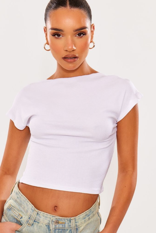 White Short Sleeve Soft Rib Backless Top