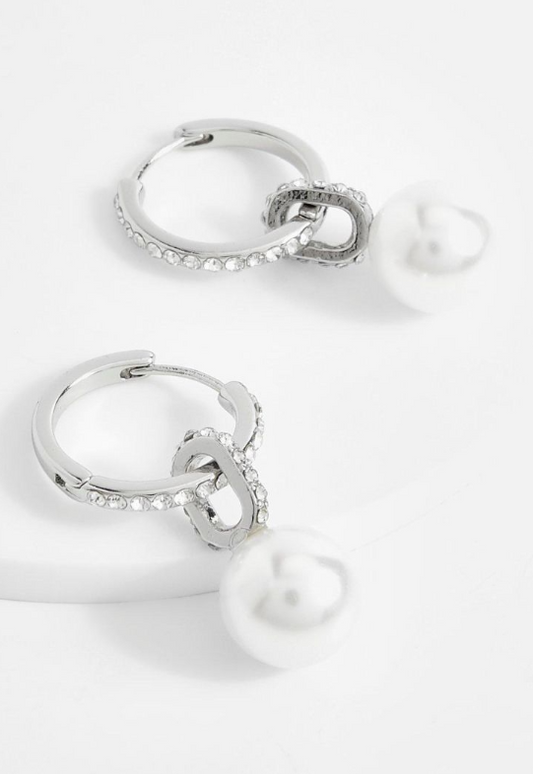 Pearl Drop Diamante Hoop Earrings - silver