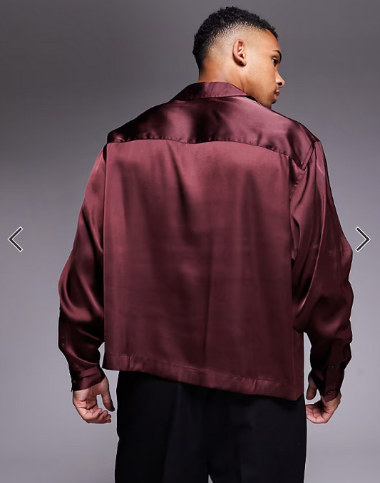 ASOS DESIGN boxy oversized overhead satin shirt in burgundy