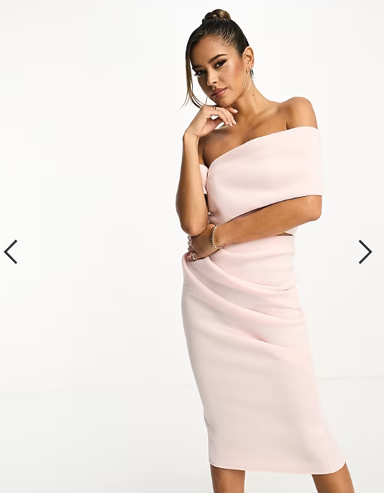 ASOS DESIGN off shoulder cut out midi dress with asymmetric hem in rosewater pink