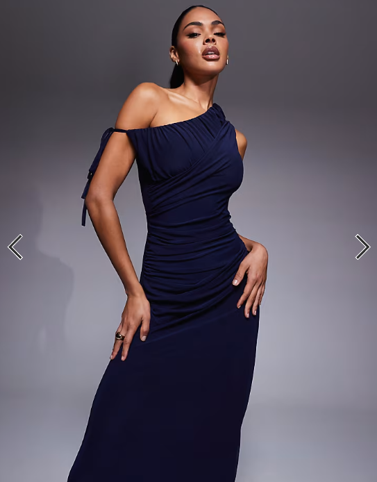ASOS DESIGN mesh one shoulder draped maxi dress in navy