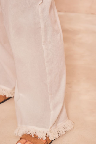 White Linen Look Frayed Hem Wide Leg Trousers