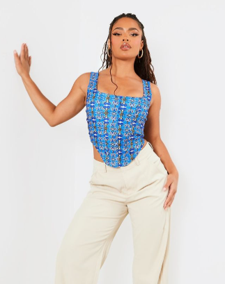 Blue Paisley Print Stretch Woven Boned Corset
