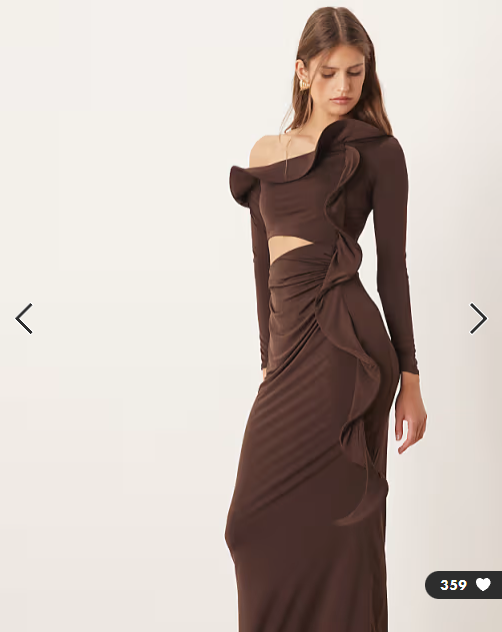 ASOS DESIGN long sleeve structured ruffle midi dress with cut out detail in chocolate