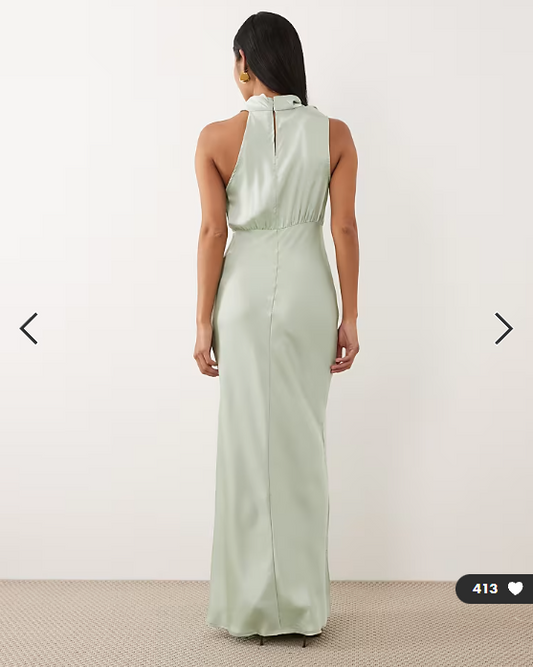 Vila Petite high neck satin maxi dress in sage green