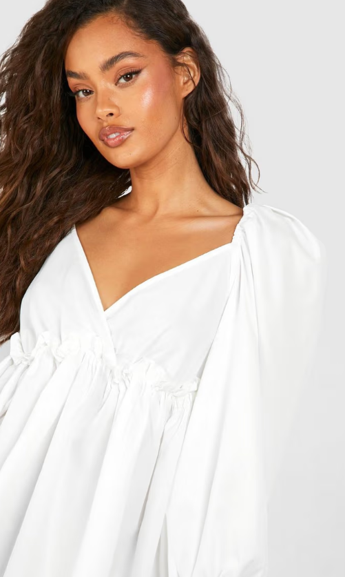 Boohoo - Puff Sleeve Plunge Smock Dress - white