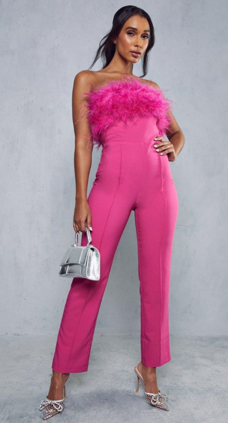 Premium Feather Trim Tailored Jumpsuit