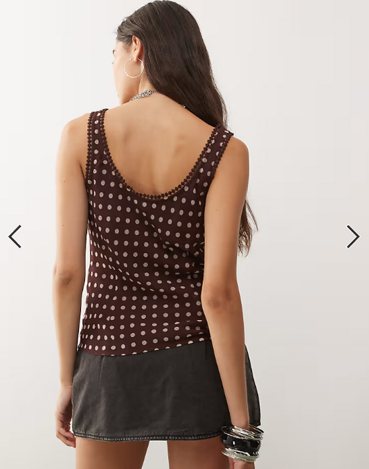 Reclaimed Vintage cami tea top with lace trims in chocolate brown and cream polka dot print