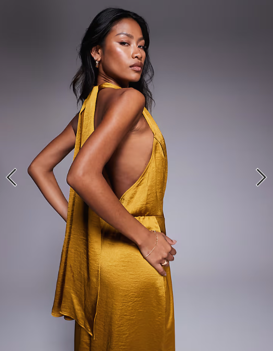 TFNC satin deep v halter neck knot detail drape front maxi dress in mustard