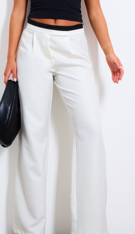 Ecru Contrast Double Waistband Detail Tailored Trousers