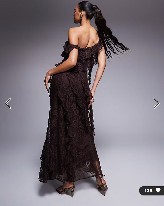 ASOS DESIGN one shoulder mixed lace ruffle midaxi dress in chocolate brown