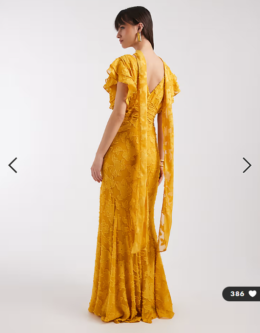 Pretty Lavish - v ndck frill jacquard godet maxi dress in ochre