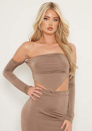 Tall Mocha Brown Long Sleeve Off The Shoulder Top