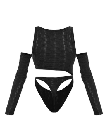 Black Textured Cross Front Cold Shoulder Bodysuit