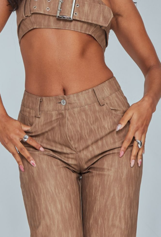 Brown Washed Faux Leather Belted Straight Leg Trousers