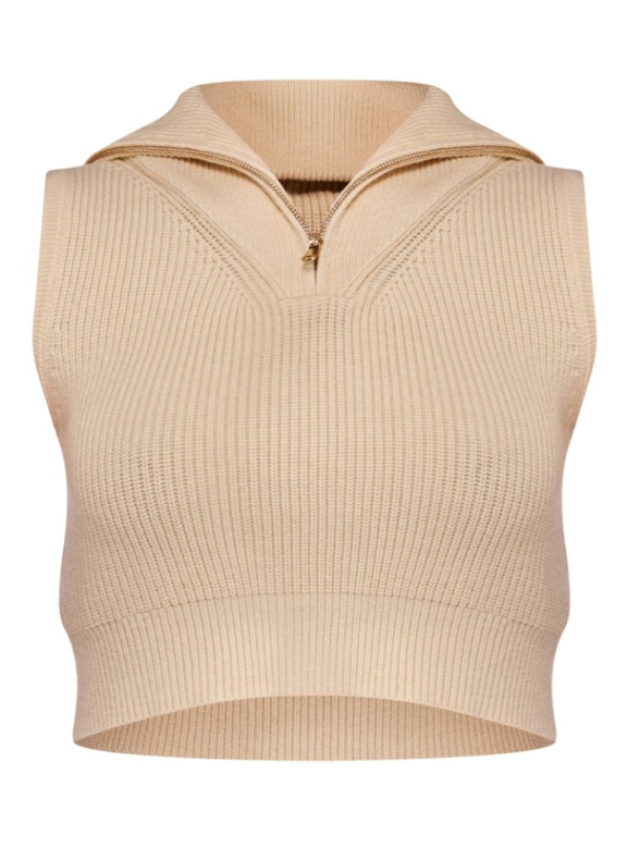 Plt - Oatmeal High Neck Half Zip Knit Sleevless Top