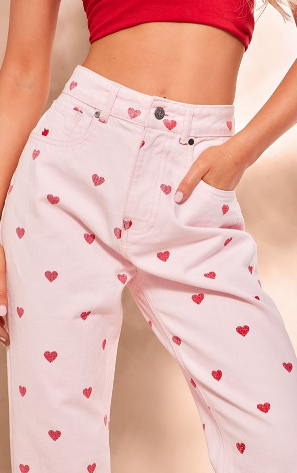 Pink Heart Print Straight Leg Jeans