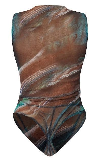 Green Abstract Printed Mesh Ruched Front Bodysuit