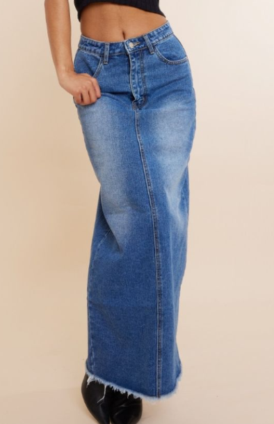Plt - Mid Blue Wash Raw Hem Denim Maxi Skirt