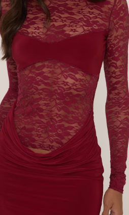 Long Sleeve Cut Out Draped Front Mini Dress In Burgundy Lace
