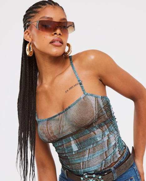 Mesh Denim Print Ruch Front Cut Out Long Top