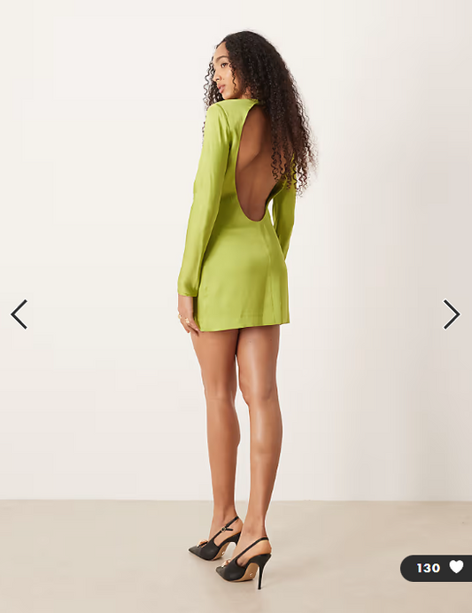 Mango satin open back long sleeve mini dress in green