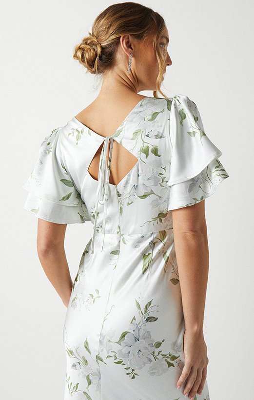 Dahlia Printed Angel Sleeves Satin Bridesmaids Dress